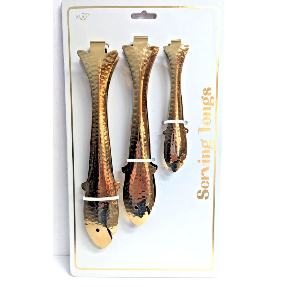 Fish-Shaped Serving Tongs Hammered Metal Gold PVD Reflective Finish 3-Pc Kitchen